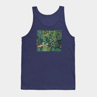 GREENERY,FOREST ANIMALS Pheasant on Tree,Squirrel,Hares,Blue Green Floral Tapestry Tank Top